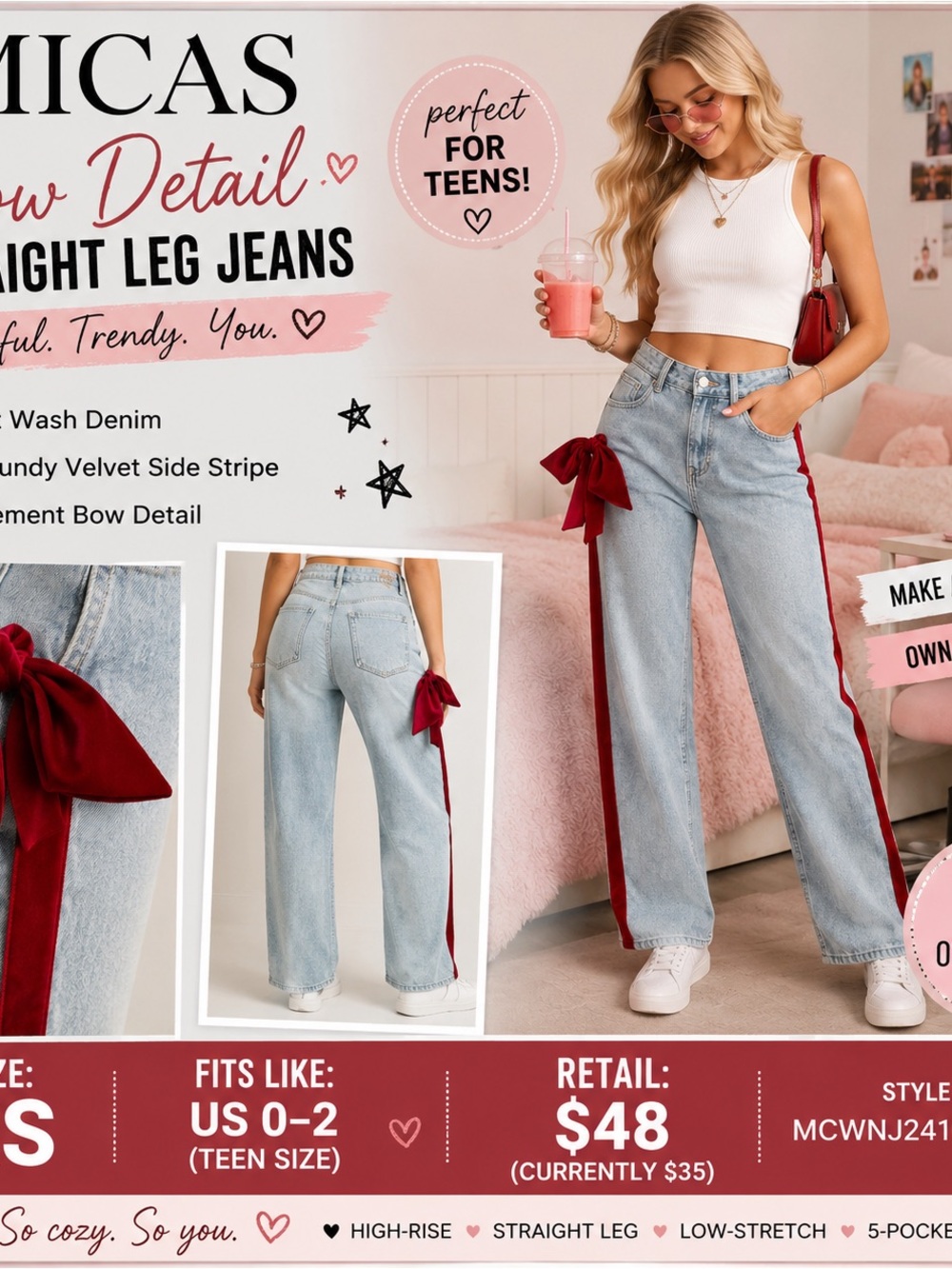Unbranded Light Wash Straight Leg Jeans with Red Velvet Side Stripe-NWT